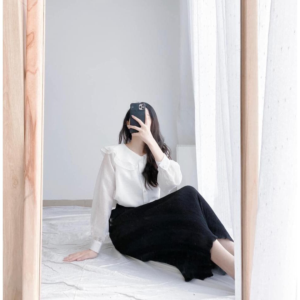 Áo sơ mi nữ voan tơ cổ bèo 2 lớp -Áo sơ mi kiểu tiểu thư cúc ngọc xinh xắn
