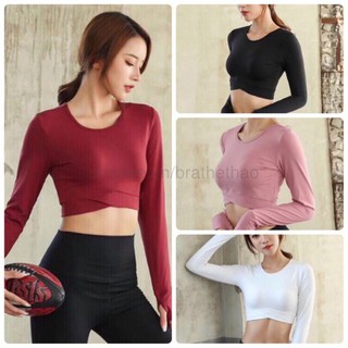 Áo croptop dài tay trơn cạp chéo - Áo tập gym nữ (HÀNG LOẠI 1)
