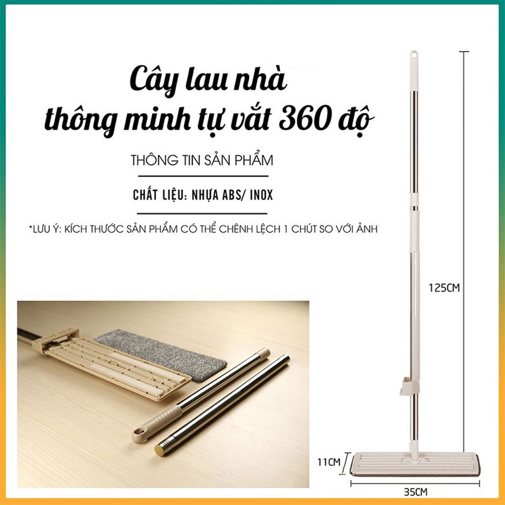 Cây Lau Nhà Tự Vắt Phẳng Thông Minh Xoay 360 Độ Tặng Thêm 2 Bông Lau Nhỏ Gọn Tiện Lợi