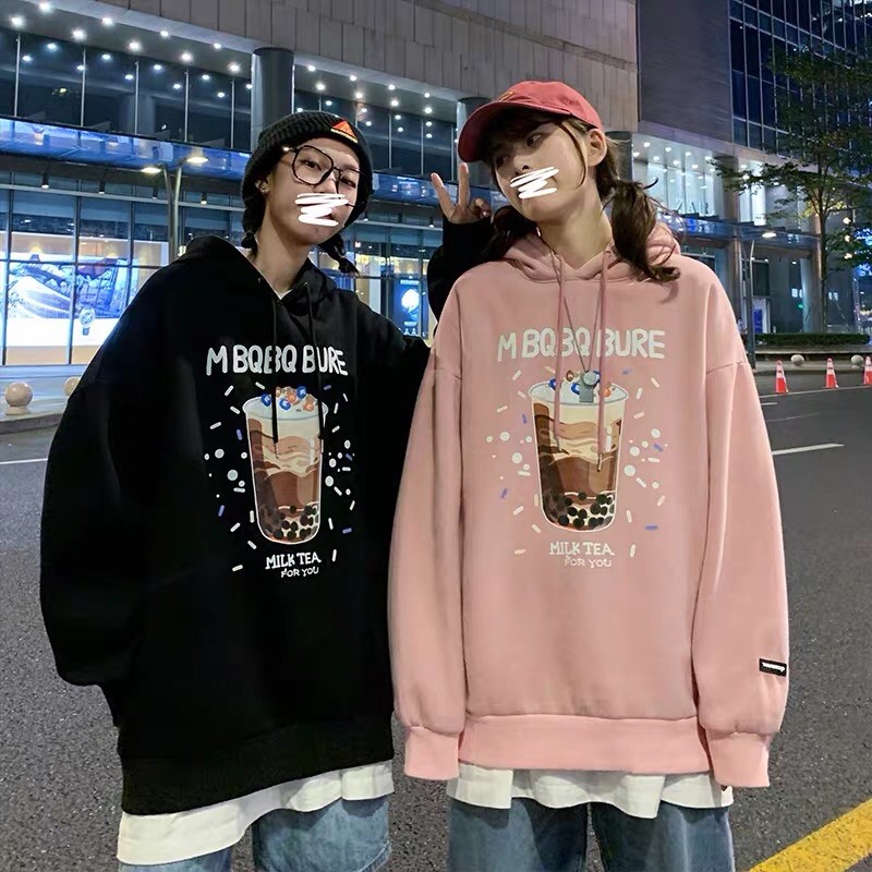 Áo Hoodie Boin store, áo khoác nỉ bông cao cấp in hình trà sữa 3 MÀU KEM/ĐEN/HỒNG_UNISEX NAM NỮ