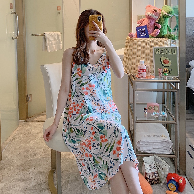 Váy ngủ hai dây nữ cổ V freesize, đầm bầu đẹp chất lanh lụa cotton nhẹ mềm mát