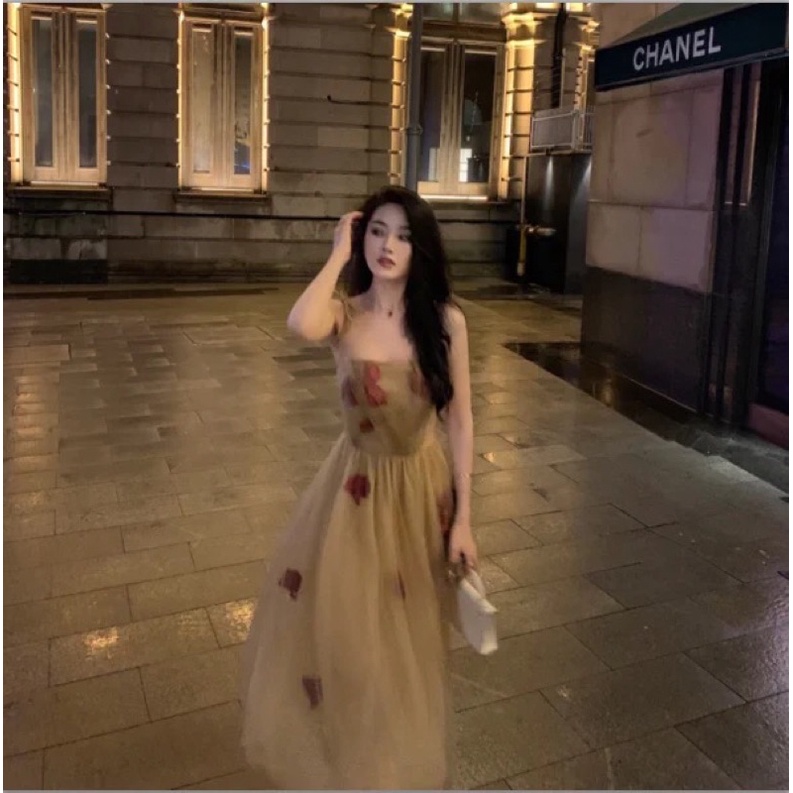 Váy Dây Voan Nude Nâu Đính Cánh Hoa Hồng Dịu Dàng