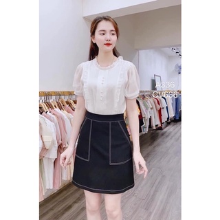 Chân váy chữ A công sở trên gối trần chỉ túi và đai váy thời trang