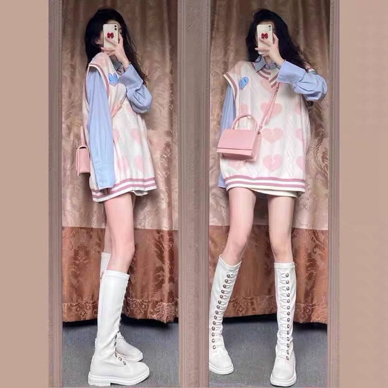 (ORDER.buiny) Set áo vest len gile MORAN form rộng phối viền màu hồng đáng yêu điệu đà Hàn Quốc (hàng mới về) | BigBuy360 - bigbuy360.vn