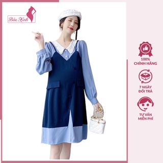 Váy bầu thu đông công sở - đầm yếm bầu màu xanh cổ ren dáng suông có size HD13