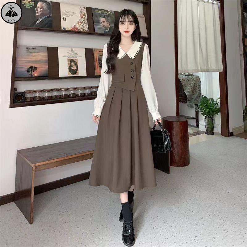 Váy babydoll váy xinh Đầm Cổ Búp Bê Giả Hai Mảnh Thời Trang Thu Đông Thanh Lịch