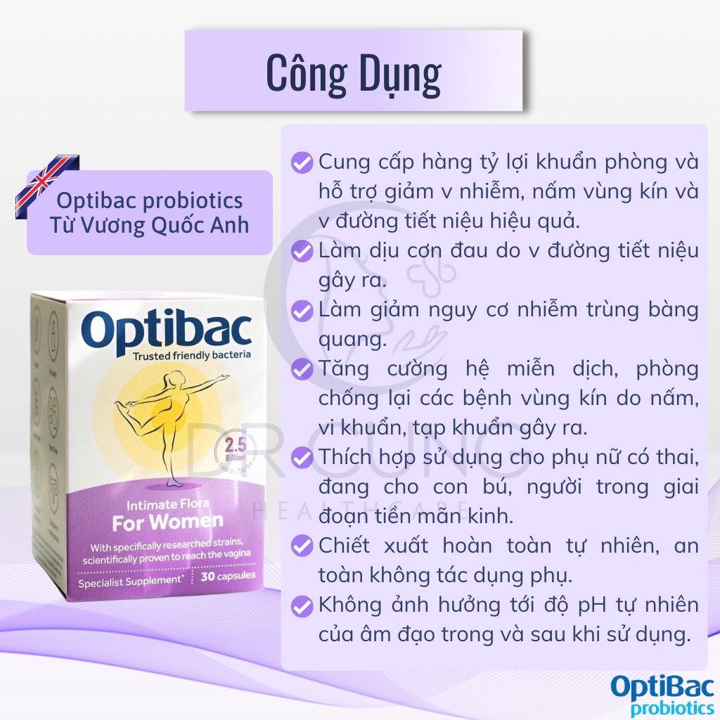 Bác Sĩ Cung Optibac Tím - Men Vi Sinh Phụ Khoa, Chăm Sóc Vùng Kín, Lợi Khuẩn, Tăng Sức Đề Kháng (Hộp 30 viên/90 viên)