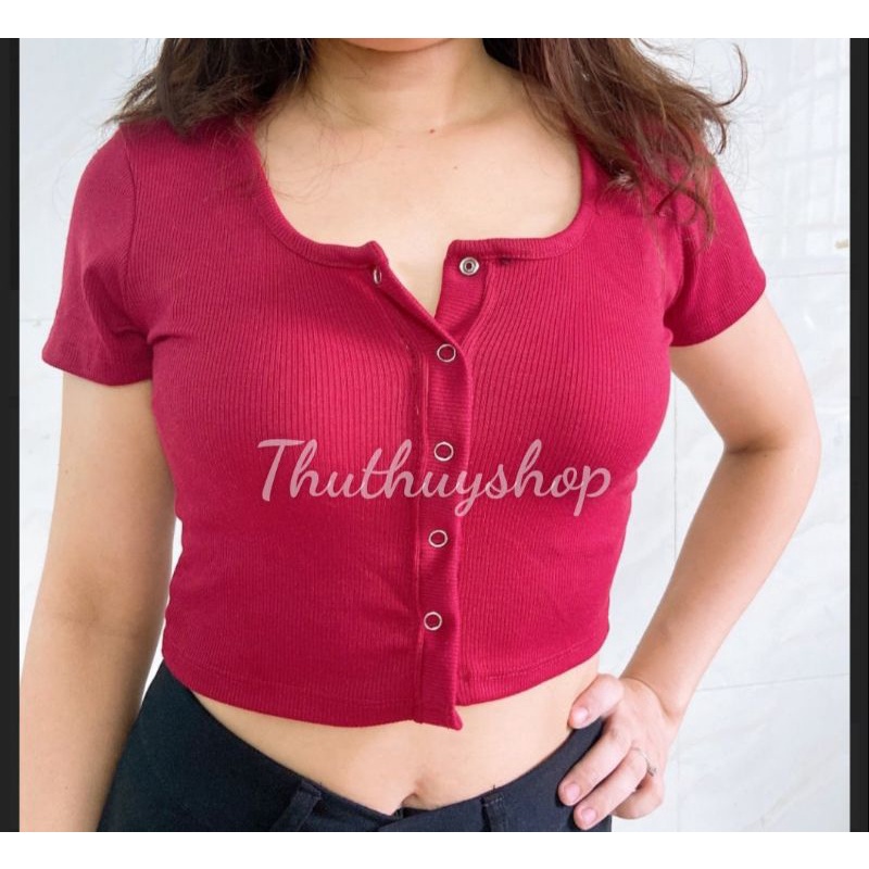 ÁO CROPTOP THUN GÂN TAY NGẮN NÚT BẤM INOX THUTHUYSHOP