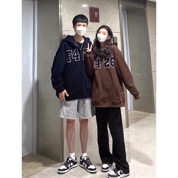 Áo khoác nỉ ngoại dây kéo thêu chữ F4 26 nón 2 lớp unisex ulzzang nam nữ