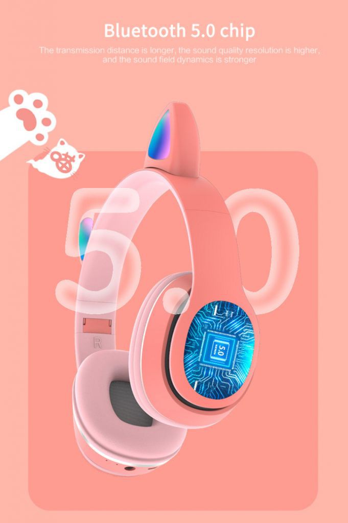 Wireless Bluetooth 5.0 Cute Cat Ear Shape Luminous Headphone Sport Headset Tai Nghe Chụp Tai Bluetooth Không Dây Trang Trí Hình Tai Mèo Có Đèn LED Điều Chỉnh Được Âm Lượng BEST