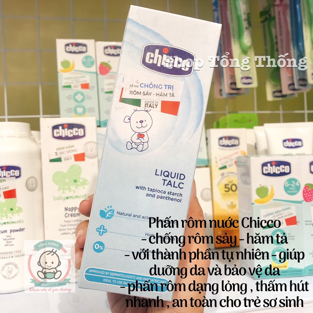Phấn rôm Chicco nhập khẩu từ Ý tinh bột gạo,phấn nước làm mát da dưỡng da mềm mịn thơm mát nhẹ dịu cao cấp cho bé 150gr