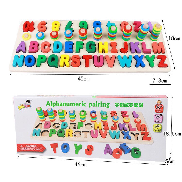 Đồ chơi bảng Ghép gỗ Chữ Tiếng Anh, Số đếm và thả cọc cao thấp Montessori