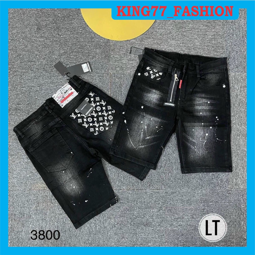 Quần short jean nam đen rách vảy sơn họa tiết chữ đẹp chất jean dày dặ