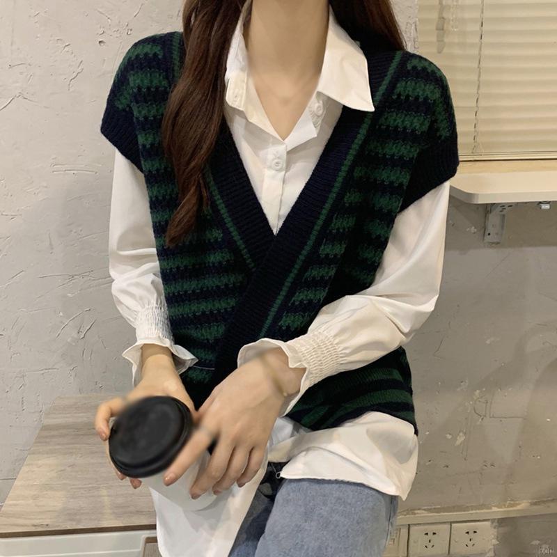 Áo len không tay họa tiết kẻ sọc phong cách retro Hàn Quốc cho nữ