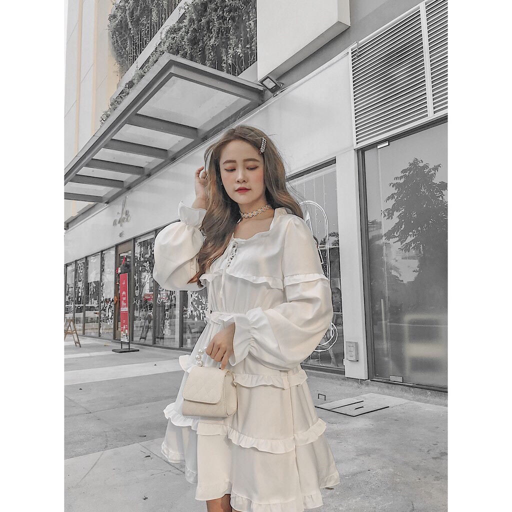 Đầm BabyDoll XY - VÁY 3 TẦNG BÈO XOÈ TIỂU THƯ TAY DÀI BUỘC NƠ ĐEN TRẮNG | BigBuy360 - bigbuy360.vn