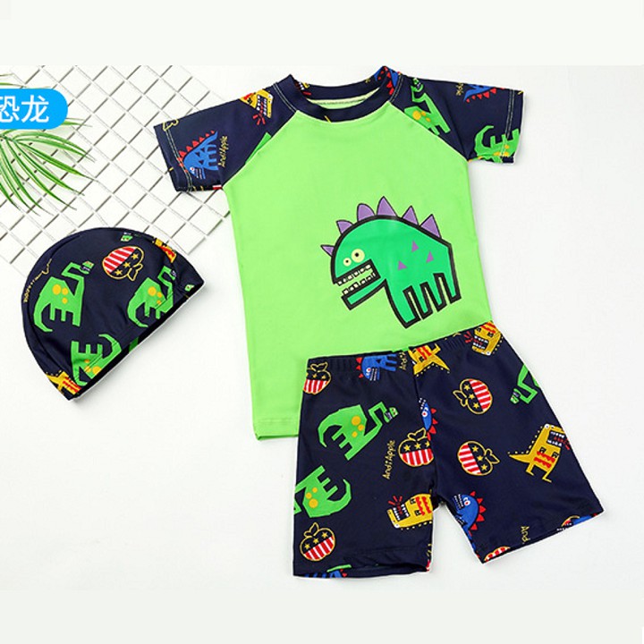 Bộ đồ bơi hoạ tiết khủng long kèm nón bơi - Đồ bơi ngắn tay bé trai BT21