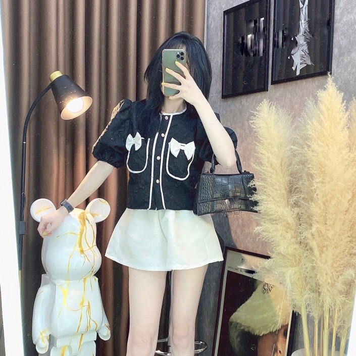 Áo Sơ Mi Nơ Túi Chất Gấm Xốp Ulzzang 2 Màu Đen Trắng