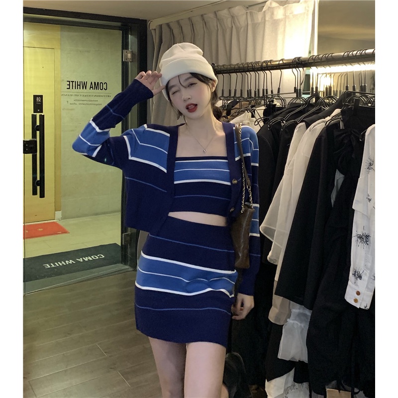 Set len tăm 3 món (cardigan+ áo nịt+ chân váy) phong cách Hàn Quốc trẻ trung, cá tính