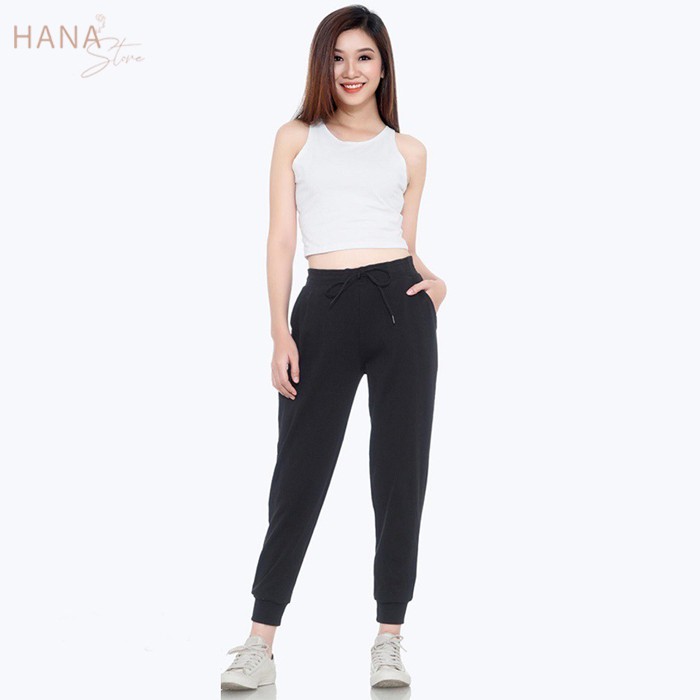 Quần jogger nữ đen thể thao tập gym cao cấp - Quần jogger dây rút nữ cạp cao cá tính chất len tăm đẹp mặc thoải mái
