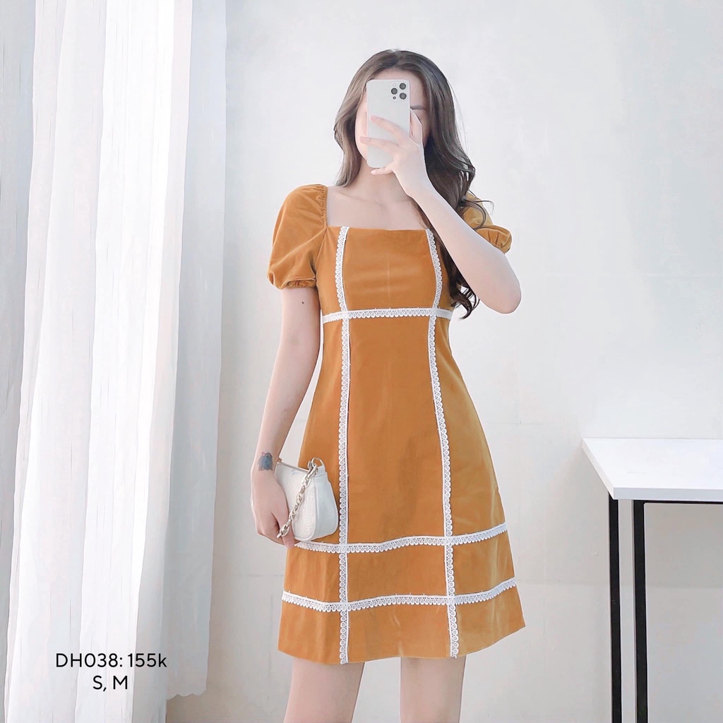 Đầm nhung phối viền ren (DH038)
