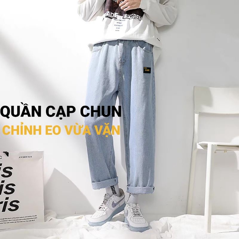 Quần jean nam baggy Cạp Chun, Quần Bò Nam Ống Suông Rộng, Điều Chỉnh Eo Linh Hoạt, Chất Bò Cao Cấp, Phong Cách Hàn Quốc