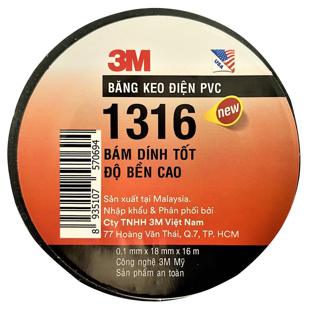 Băng keo điện PVC cực bền siêu dính 18mm x 16m 3M 1316 - 10 cuộn