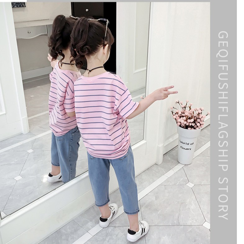 Áo phông kẻ phối túi thêu báo hồng siêu đẹp dành cho bé gái lớn