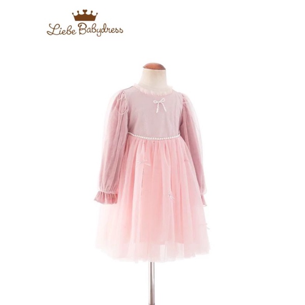Đầm nhung voan công chúa bé gái hồng pastel phấn đính hạt 1-8 tuổi