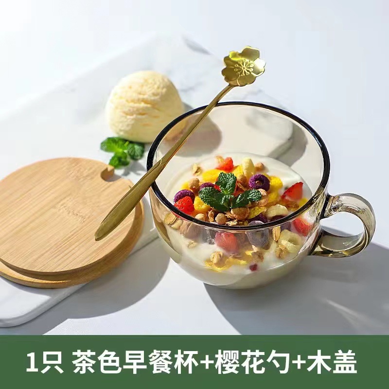 Cốc thủy tinh, cốc ăn sữa chua ngũ cốc , hoa quả dầm KÈM THÌA VÀ NẮP ĐẬY phong cách Hàn Quốc
