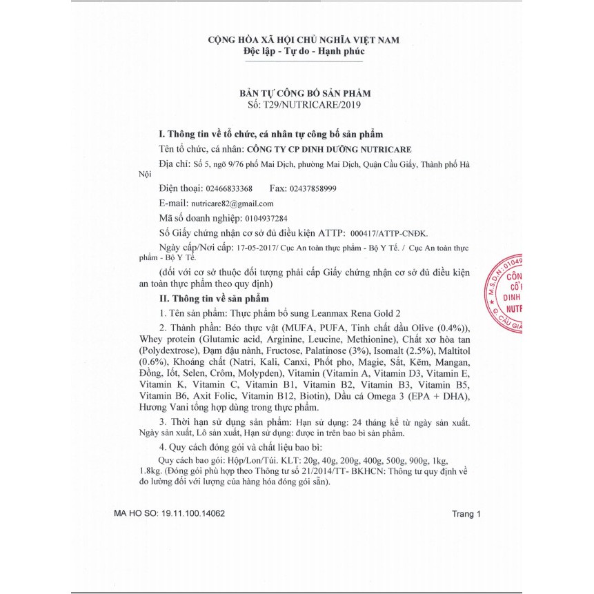 Sữa bột Leanmax Rena Gold 1-900g