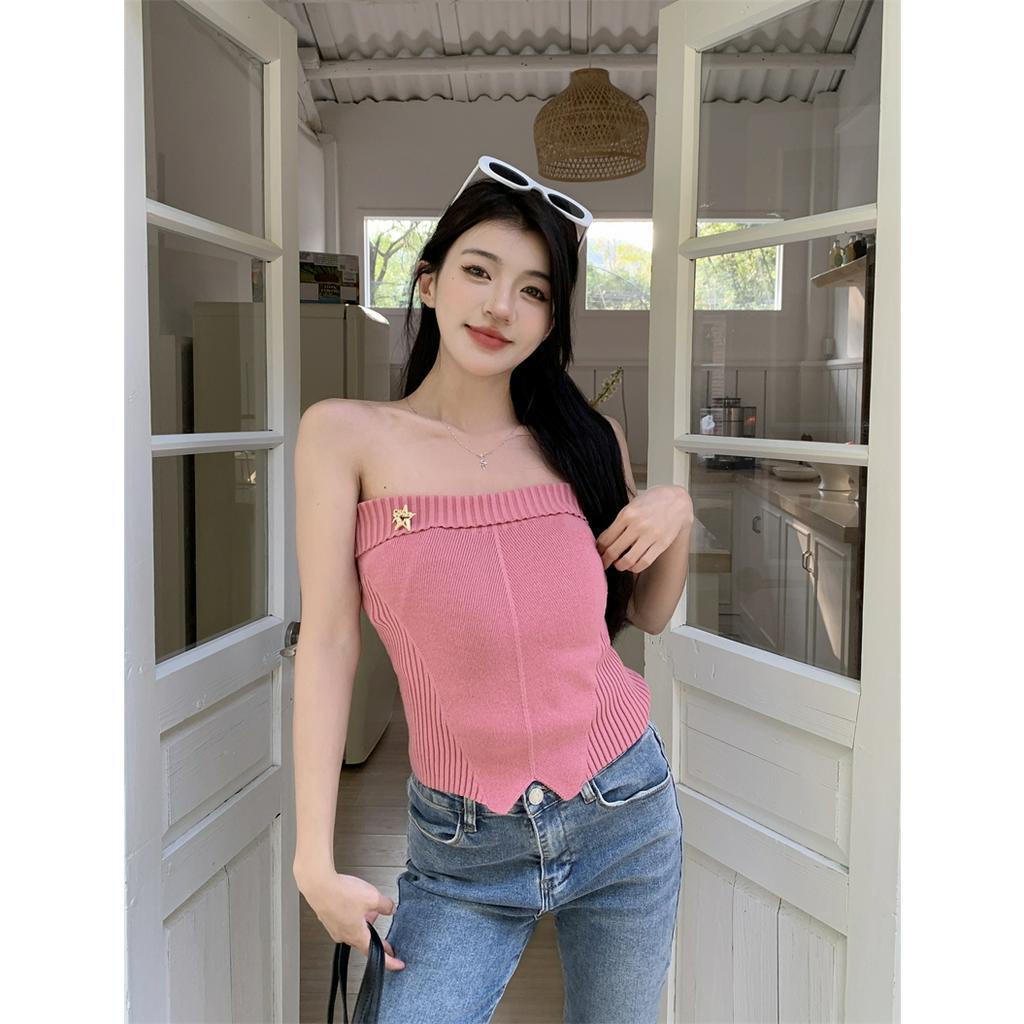 HUANG YOYO Áo Croptop Dệt Kim Hở Vai Dáng Ôm Hở Lưng Thời Trang Mùa Hè Quyến Rũ Cho Nữ