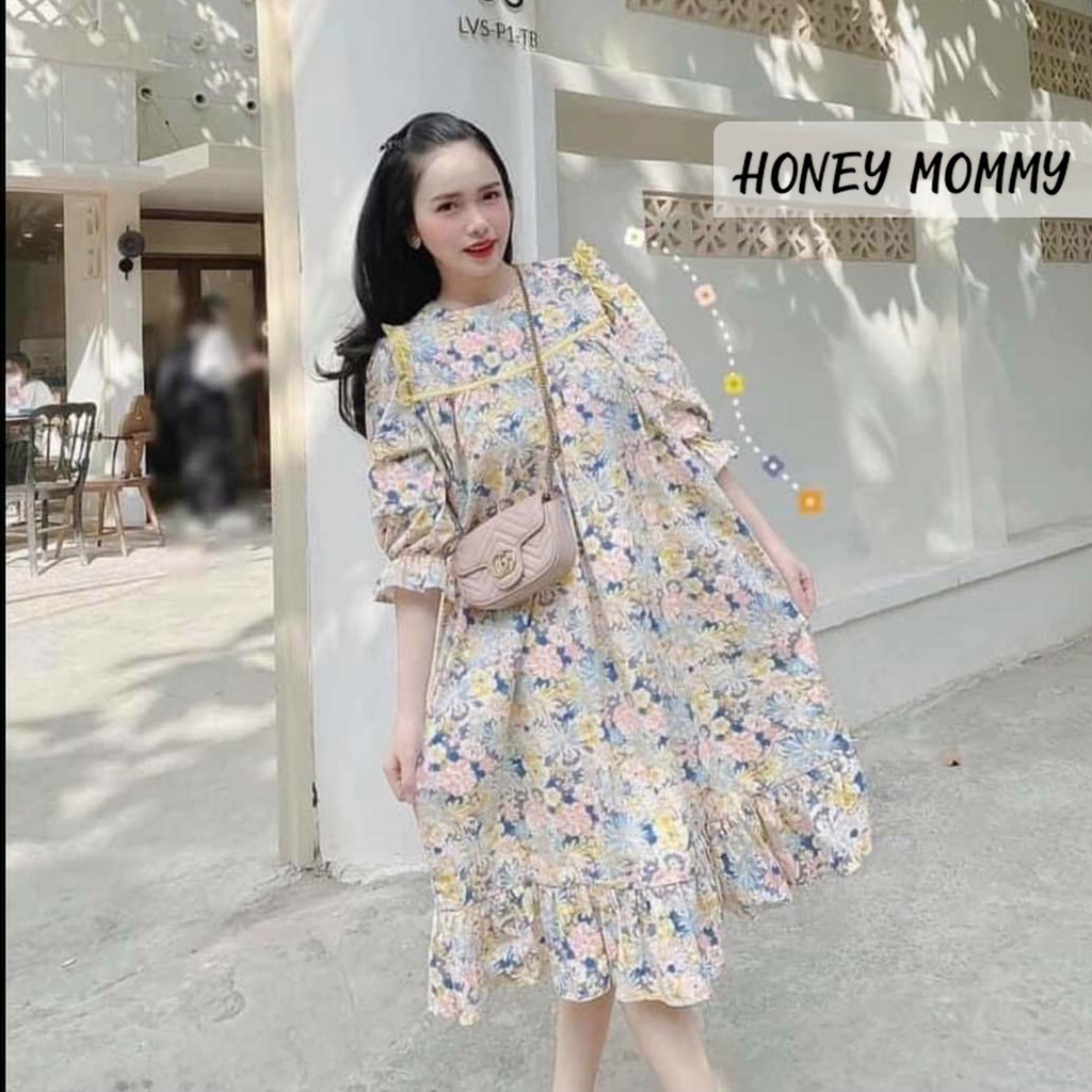 Váy Bầu Hoa Nhí Cổ Bèo Đuôi Cá HD2825 Honey Mommy Đầm Bầu Hè Ngắn Tay Đi Chơi Công Sở