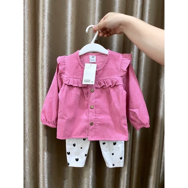 Đồ bộ dài tay thu đông bé gái, Set nhung tăm phối bèo điệu đà kèm quần legging mặc đi học đi chơi xinh xắn dễ thương