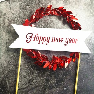 Set que cắm Happy new year vòng nguyệt quế vàng - bạc