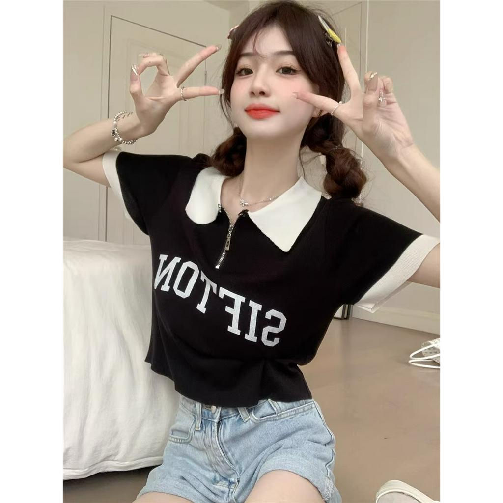 ZHELIHANGFEI Áo Thun POLO Dệt Kim Tay Ngắn Dáng Ôm Thời Trang Dành Cho Nữ