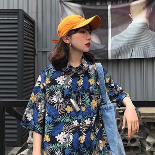 (sẵn 1c) Áo sơ mi đi biển hoa lá cành xanh lục unisex oversize form rộng dáng dài tay lỡ