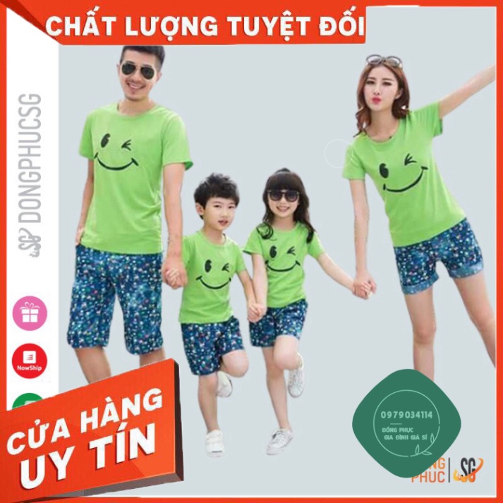 Áo thun giá sỉ gia đình mặt cười Đồng phục gia đình 3/4/5 người Áo đôi mẹ và bé Thun cotton Màu xanh lá GD314XL