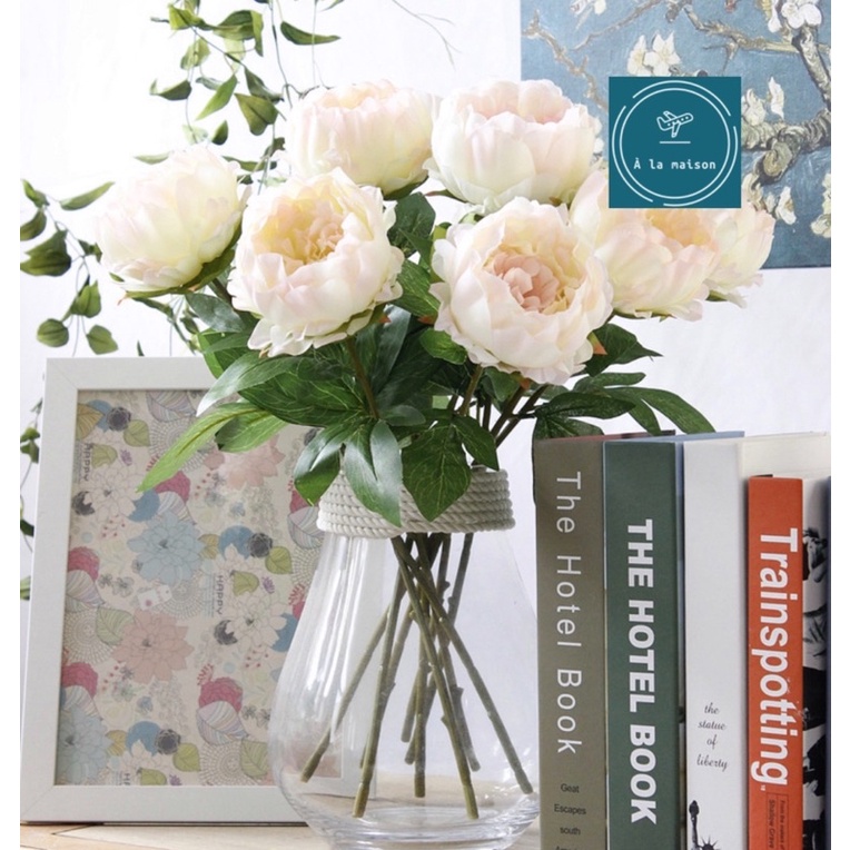 Cành hoa mẫu đơn lụa một bông lớn cao 48cm, hoa lụa trang trí, hoa decor chụp ảnh