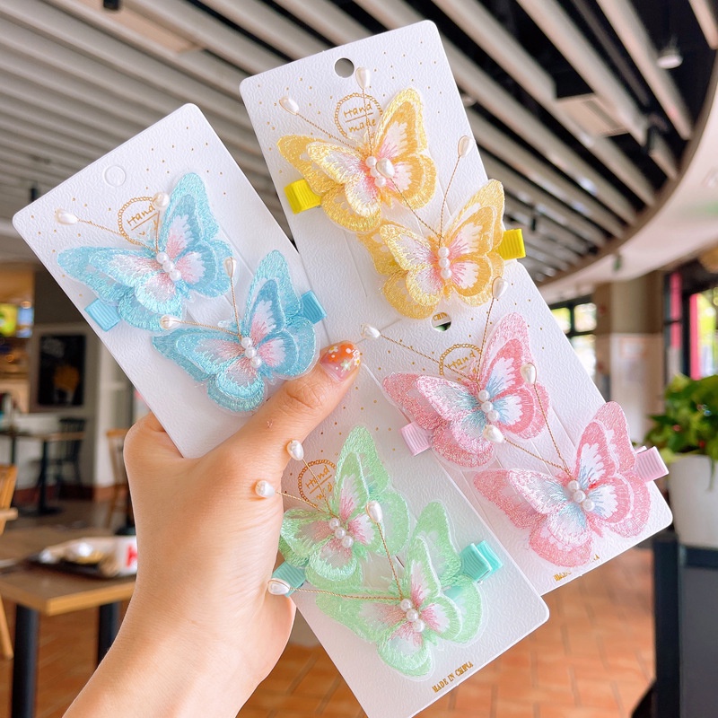 Kẹp Tóc Lưới Thêu Hình Bướm Hai Lớp Đính Ngọc Trai / Bướm Màu Gradient Thanh Lịch