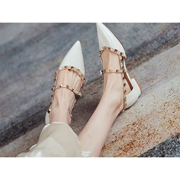 Giày Sandal Mũi Nhọn Bằng Da Đính Đinh Tán Thời Trang Mùa Hè Cho Nữ