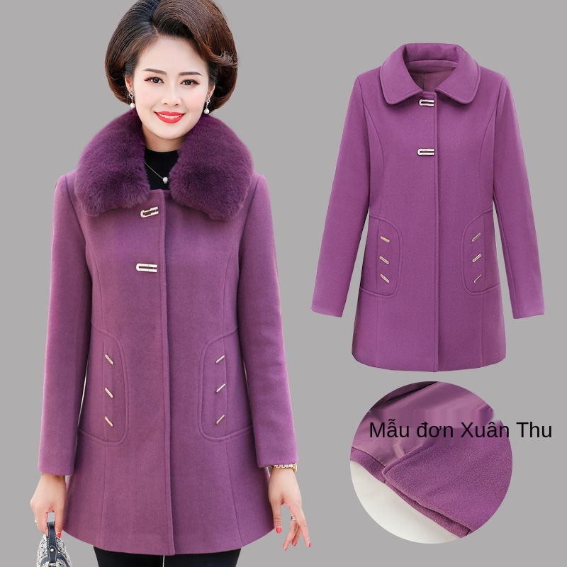 Áo khoác len nữ trung niên và người già, niên, đầm mẹ thu đông cotton 40-50