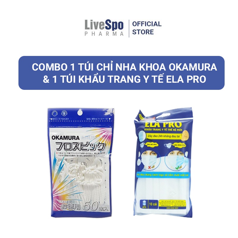 [GIFT] COMBO: 1 Túi Tăm chỉ nha khoa Okamura Và 1 Túi Khẩu trang y tế Ela Pro LiveSpo 10 chiếc/ túi