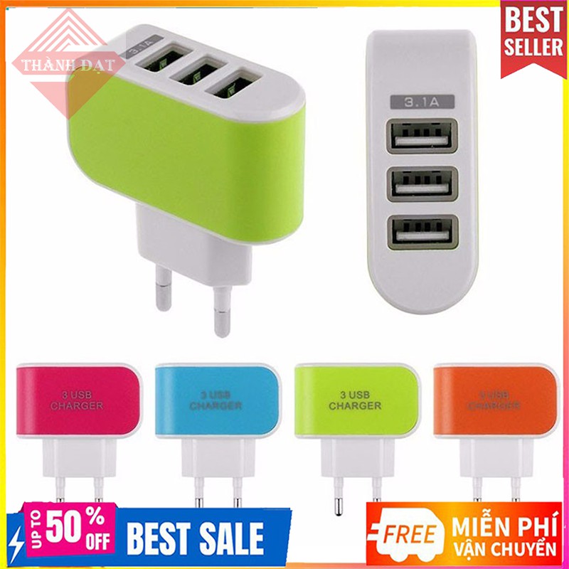 Trợ giá Củ Sạc 3 Cổng Usb Sạc Điện Thoại Có Nhiều Màu