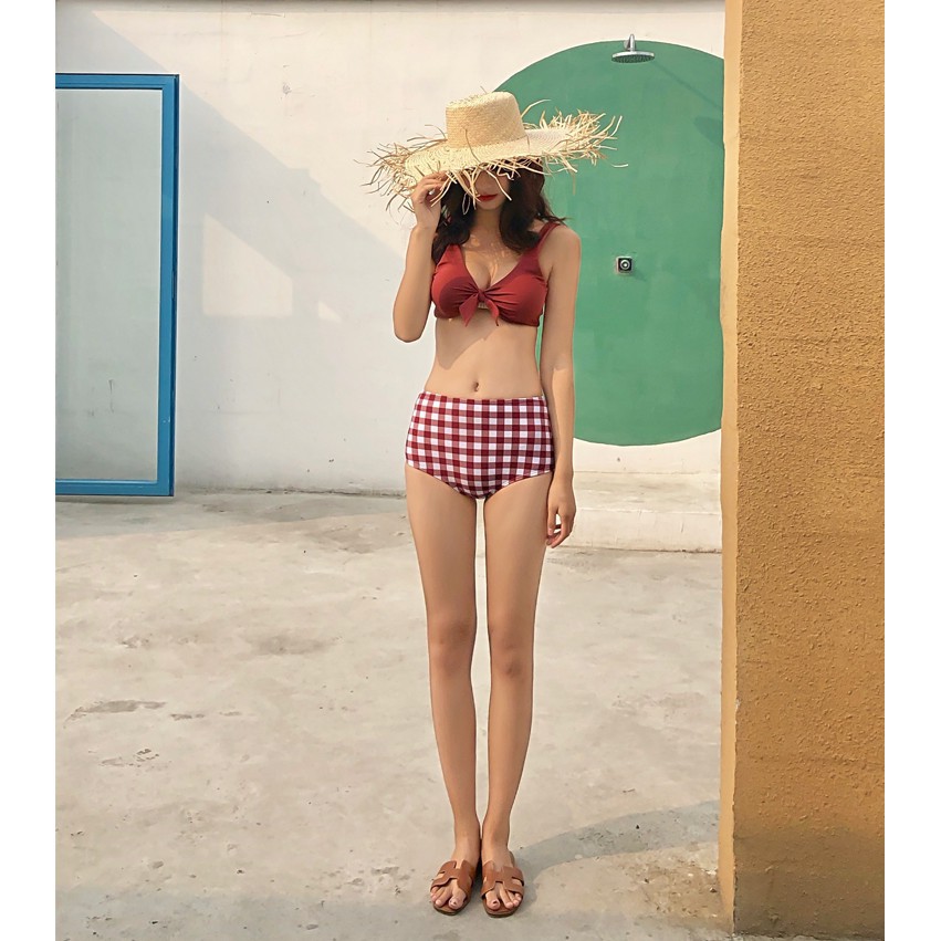 Bikini retro cạp cao caro đỏ hàn quốc cao cấp (ảnh thật + feedback) yesnow | BigBuy360 - bigbuy360.vn