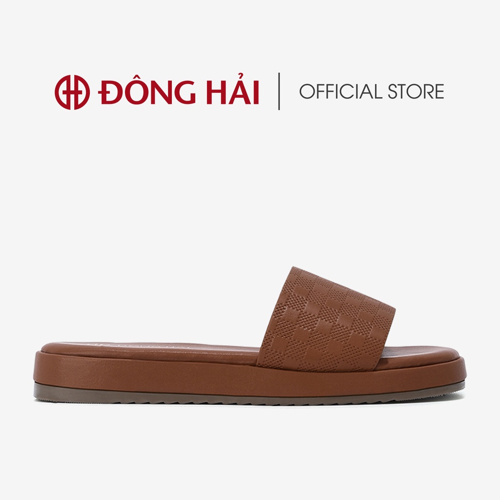 Dép da nữ Đông Hải thiết kế quai ngang họa tiết caro đế bằng cao su dập vân chắc chắn 3cm - D7426