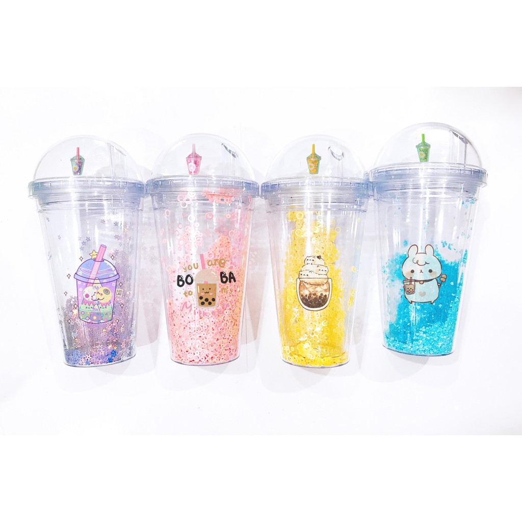 cốc 2 lớp kim tuyến trà sữa khủng long CNCKI20 cốc giữ nhiệt boba tea cốc làm lạnh dễ thương 500ml