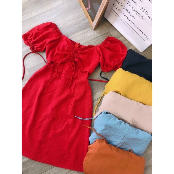 Đầm xoè rút dây ngực tay phồng siêu cưng-hình thật.