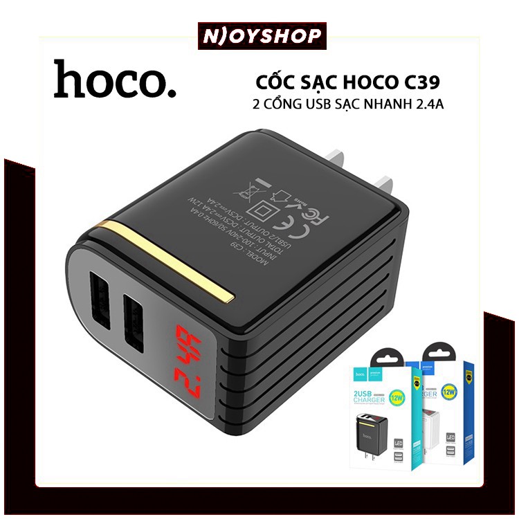 Củ sạc NHANH HOCO C39 2 CỔNG USB SẠC NHANH 2.4A HIỂN THỊ MÀN HÌNH LED CHÍNH HÃNG