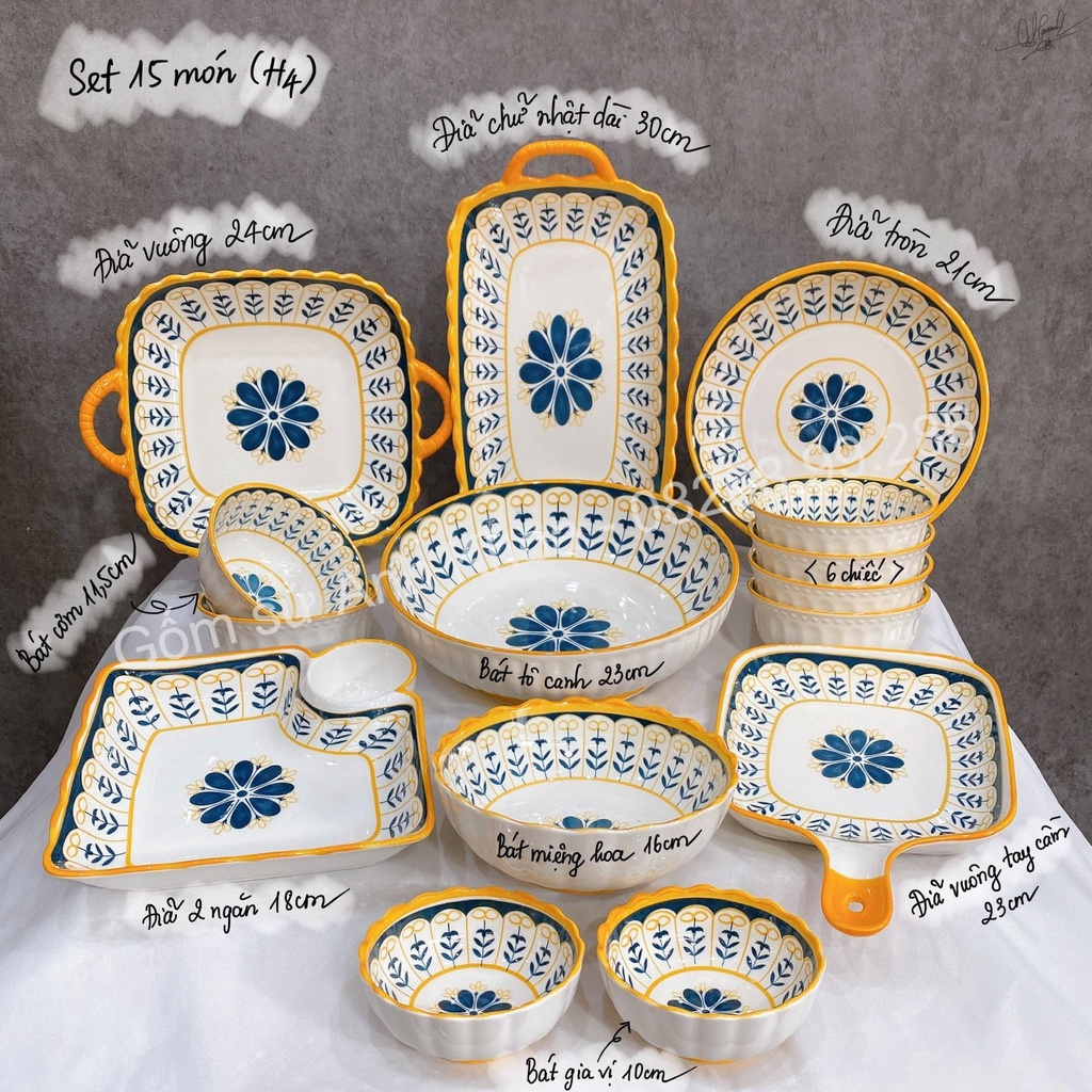 Sét Bát Đĩa sứ Decor Chén Dĩa Sứ Dễ Thương Cute Cao Cấp  sét thổ cẩm 15 món xinh yêu H5