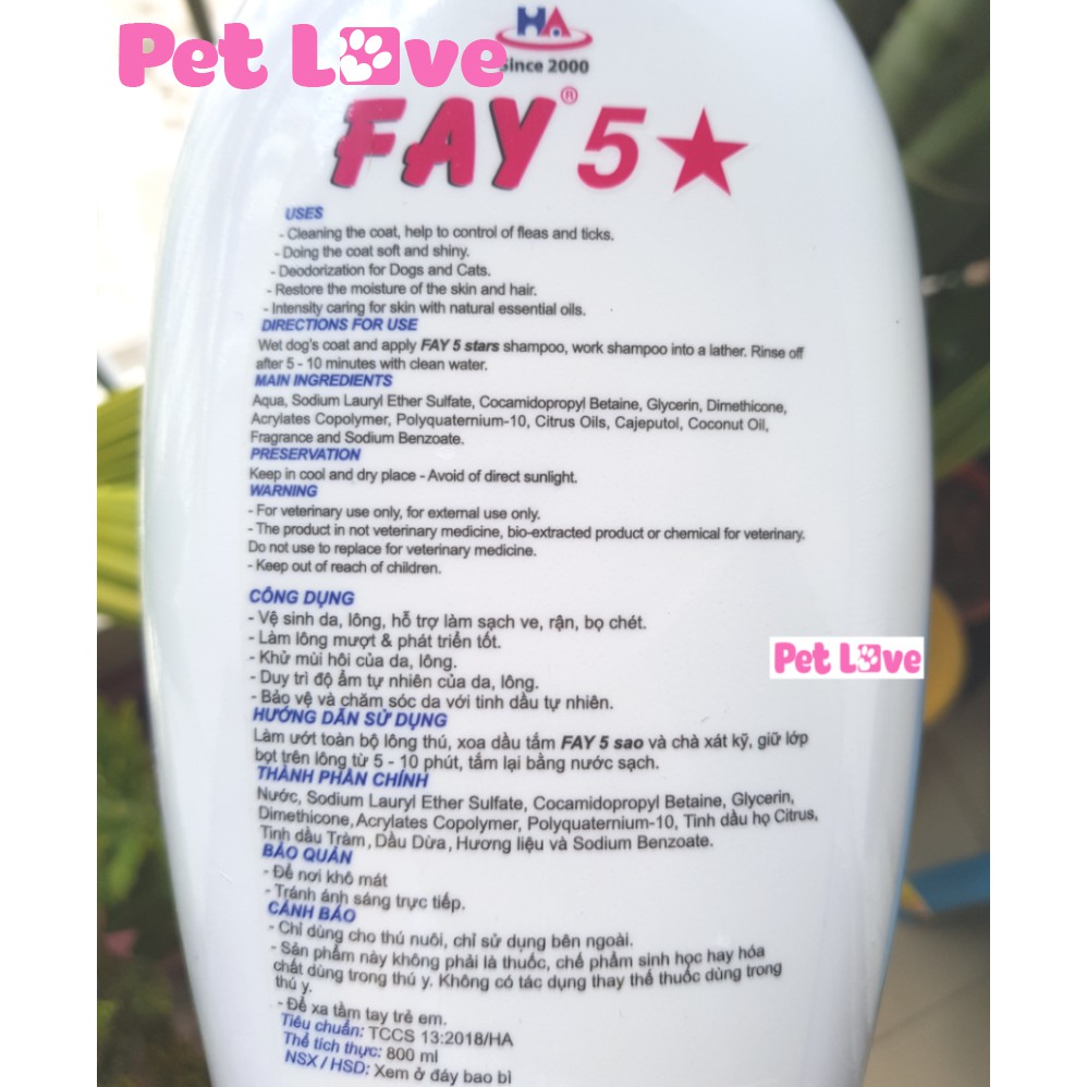 Sữa tắm diệt ve rận, bọ chét, khử mùi, mượt lông Fay 5 sao (chai 800ml)